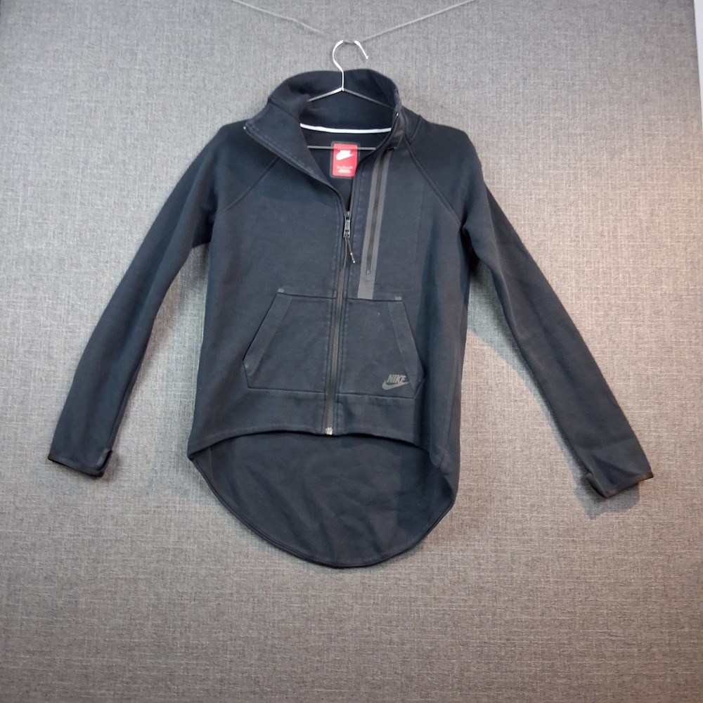 Nike Tech Fleece Full Zip Jacket Black High Low Curved Hem Funnel Neck Small